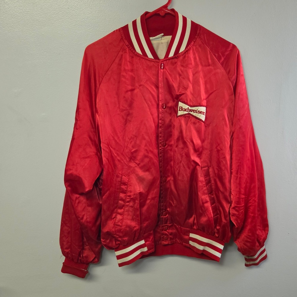 Vintage Budweiser Red Satin Bomber‎ Jacket Varsity Style Snap Front Bowtie Logo